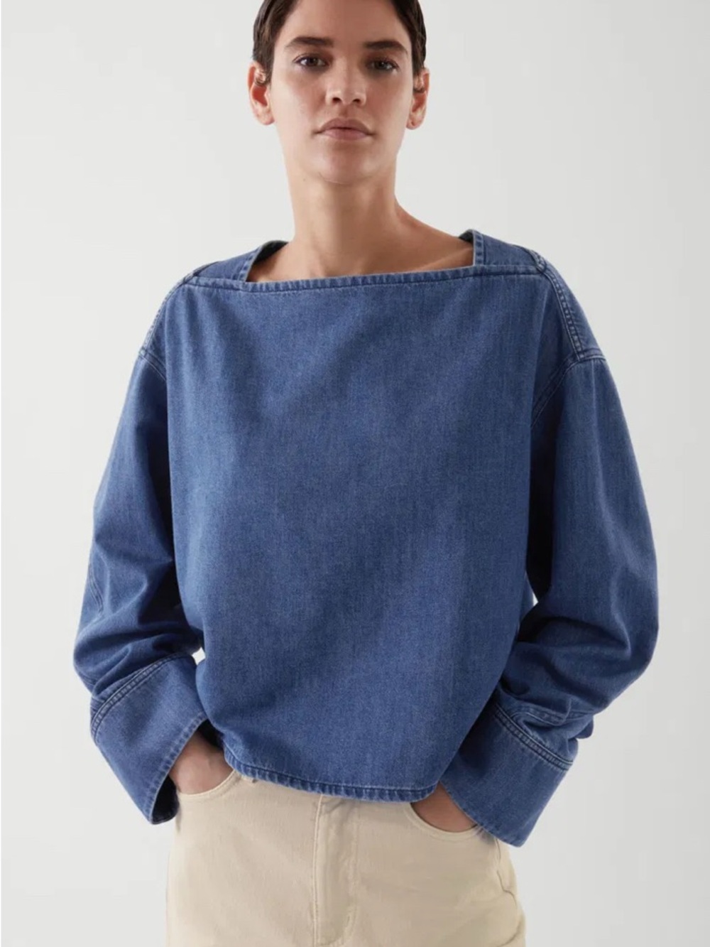 COS Blue Denim Square-Neck Long-Sleeve Top